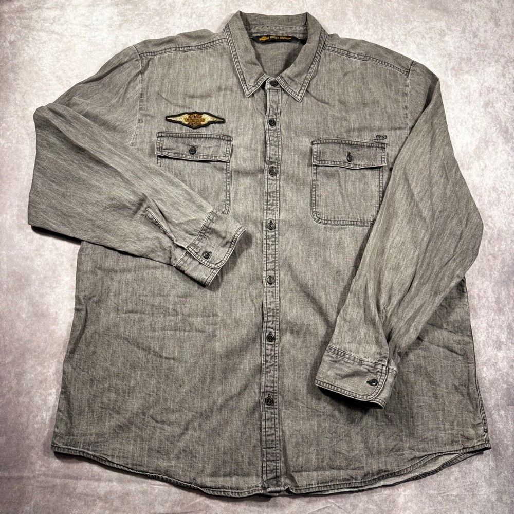 Harley-Davidson Mens 3XL Gray Cotton Long Sleeve Button Down Wing Patch Shirt - Picture 2 of 11